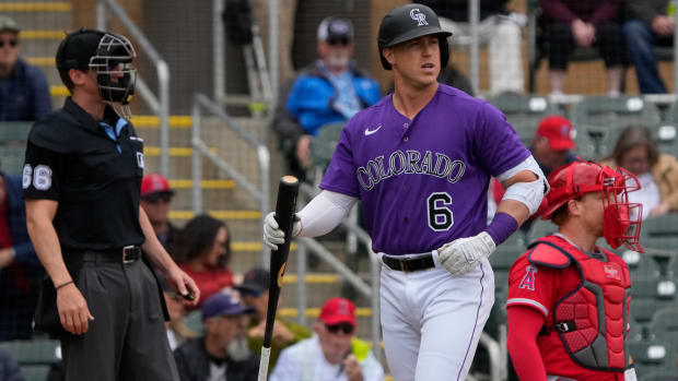 Mar 22, 2023; Salt River Pima-Maricopa, Arizona, USA; Colorado Rockies catcher Brian Serven (6) reacts after striking out against the Los Angeles Angels in the third inning at Salt River Fields at Talking Stick. Mandatory Credit: Rick Scuteri-USA TODAY Sports